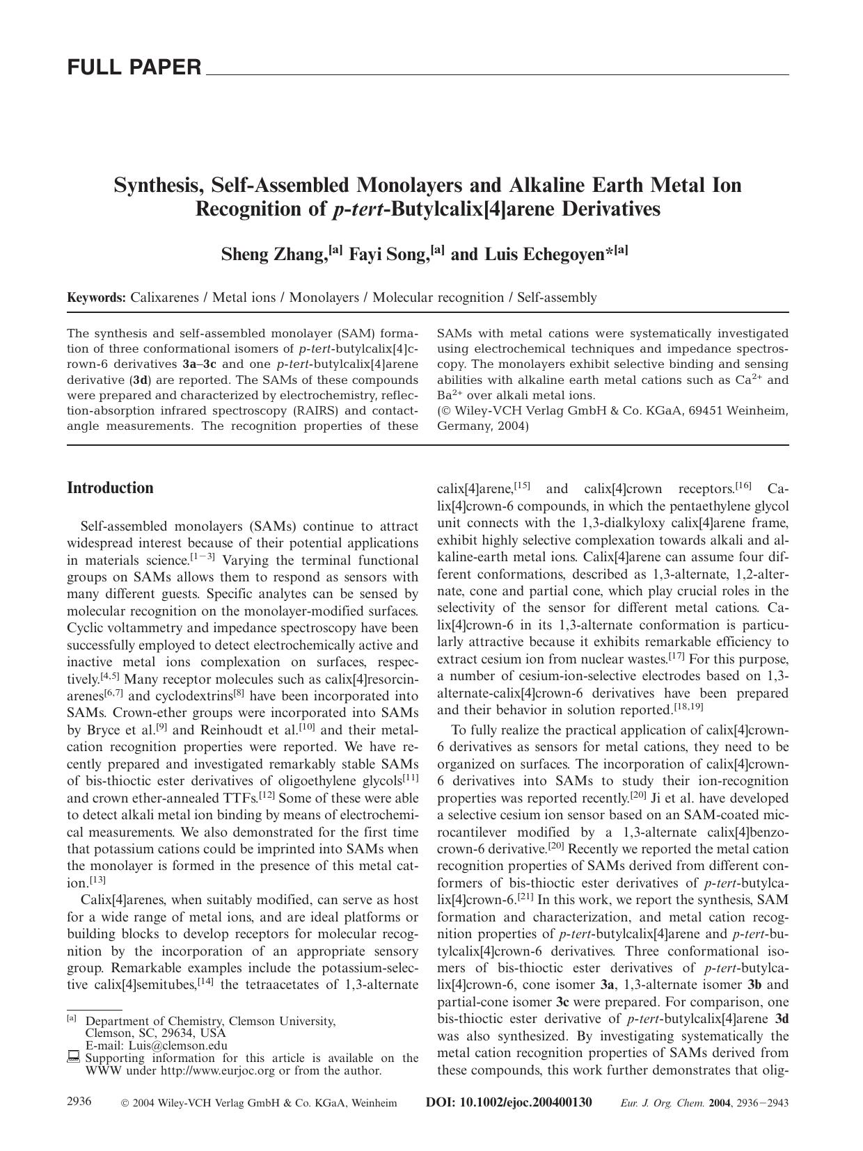 Synthesis, Self-Assembled Monolayers and Alkaline Earth Metal Ion Recognition of p-tert-Butylcalix[4]arene Derivatives by Unknown