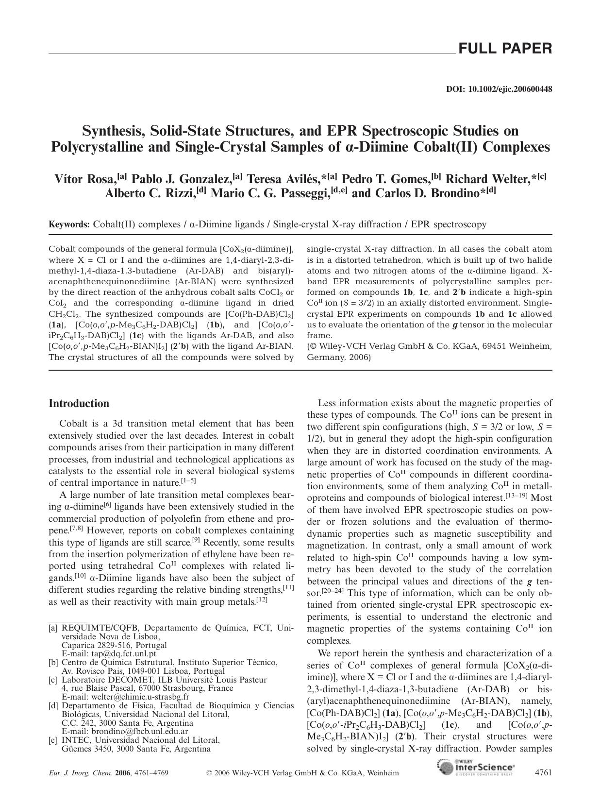 Synthesis, Solid-State Structures, and EPR Spectroscopic Studies on Polycrystalline and Single-Crystal Samples of [alpha]-Diimine Cobalt(II) Complexes by Unknown
