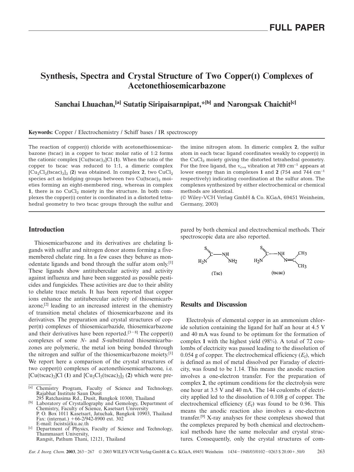 Synthesis, Spectra and Crystal Structure of Two Copper(I) Complexes of Acetonethiosemicarbazone by Unknown