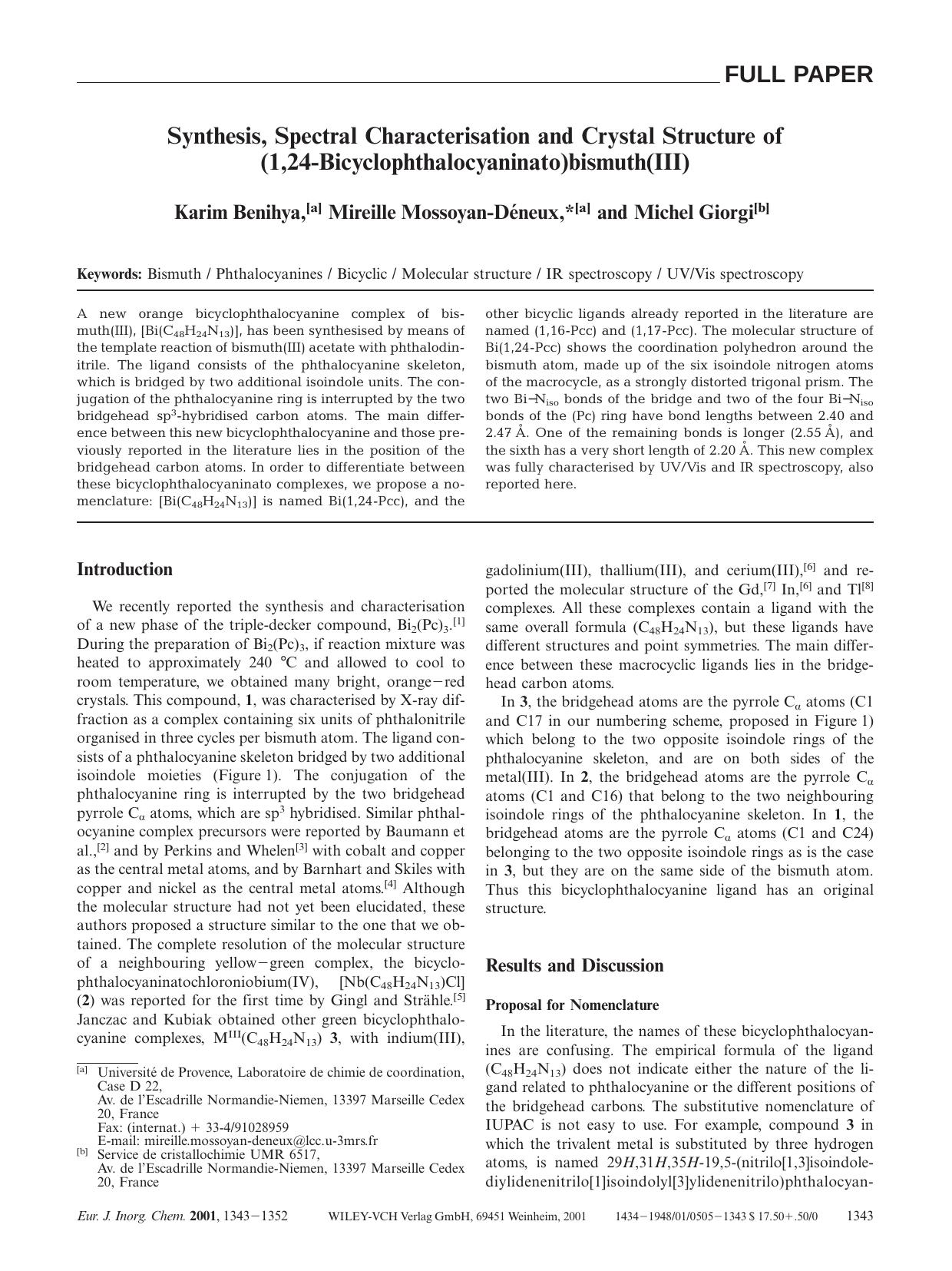 Synthesis, Spectral Characterisation and Crystal Structure of (1,24-Bicyclophthalocyaninato)bismuth(III) by Unknown