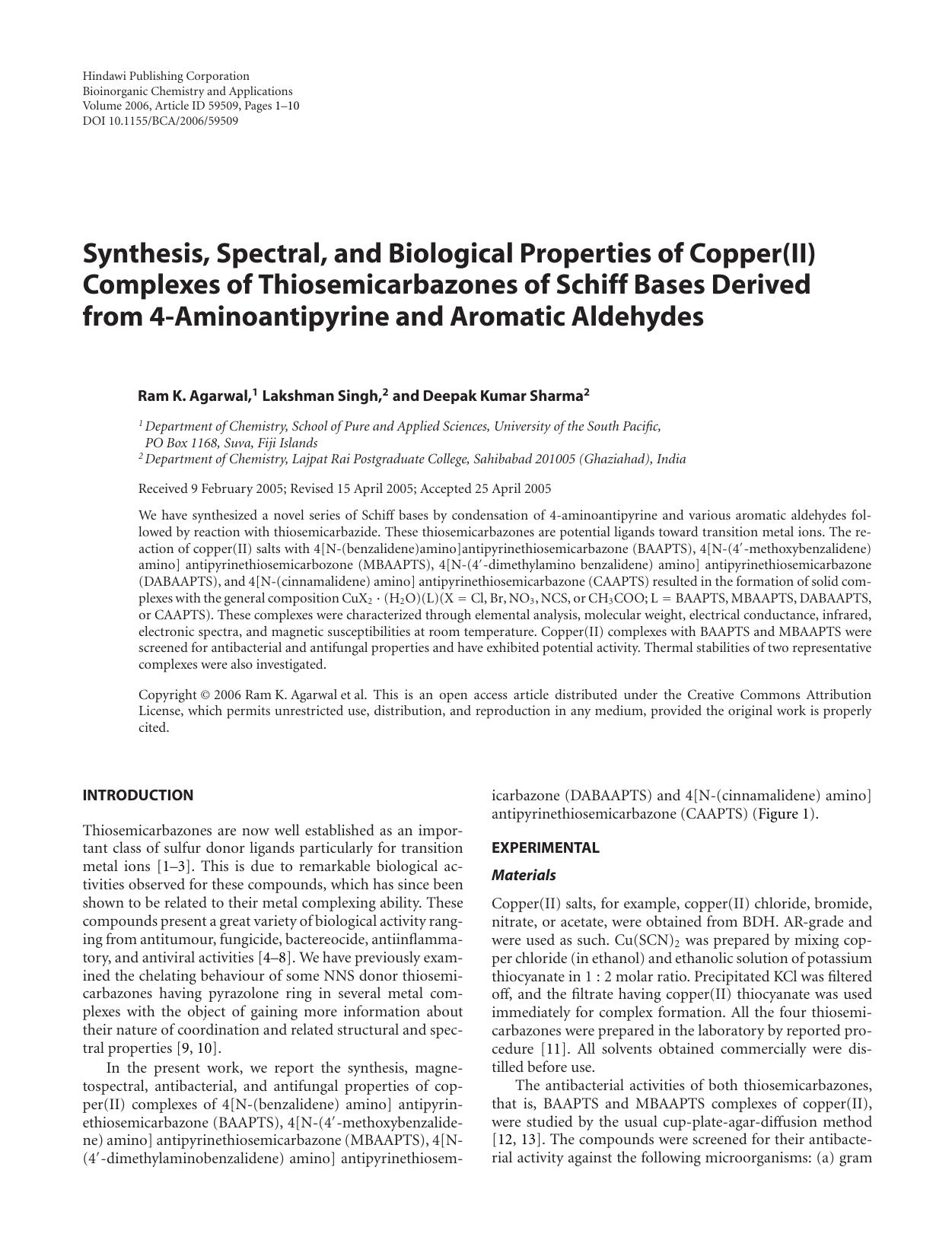 Synthesis, Spectral, and Biological Properties of Copper(II) Complexes of Thiosemicarbazones of Schiff Bases Derived from 4-Aminoantipyrine and Aromatic Aldehydes by Ram K. Agarwal et al