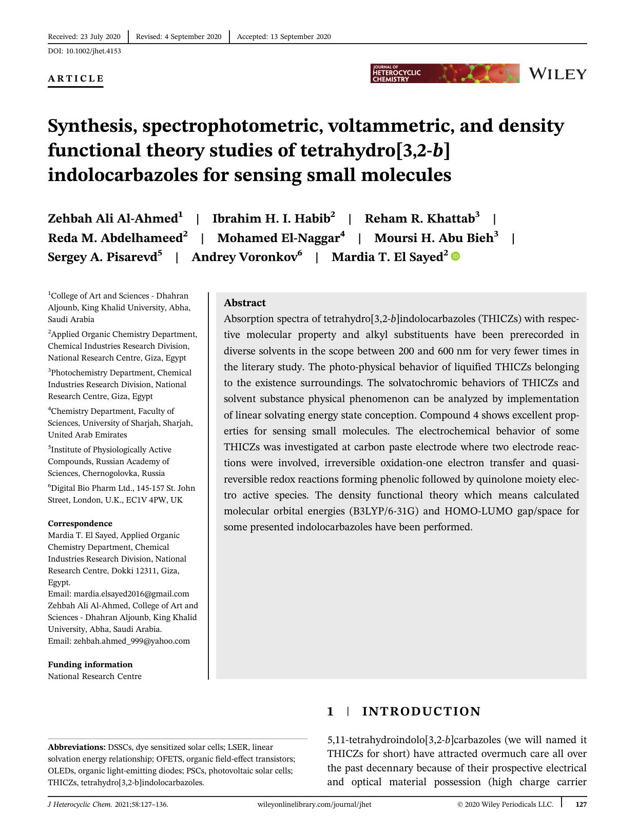 Synthesis, Spectrophotometric, Voltammetric and DFT Studies of THICZs for Sensing small molecules. by Unknown