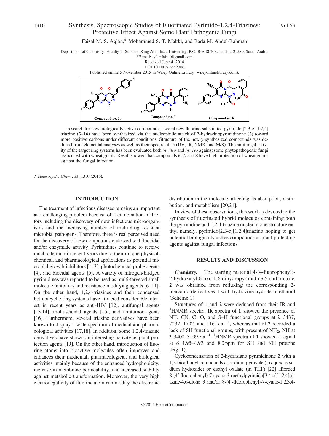 Synthesis, Spectroscopic Studies of Fluorinated Pyrimido-1,2,4-Triazines: Protective Effect Against Some Plant Pathogenic Fungi by Faisal M. S. Aqlan Mohammed S. T. Makki Rada M. Abdel-Rahman