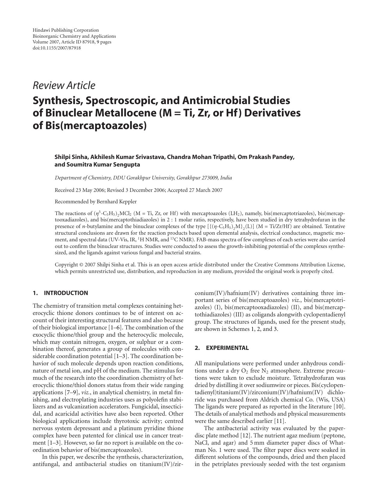Synthesis, Spectroscopic, and Antimicrobial Studies of Binuclear Metallocene (M = Ti, Zr, or Hf) Derivatives of Bis(mercaptoazoles) by Shilpi Sinha et al