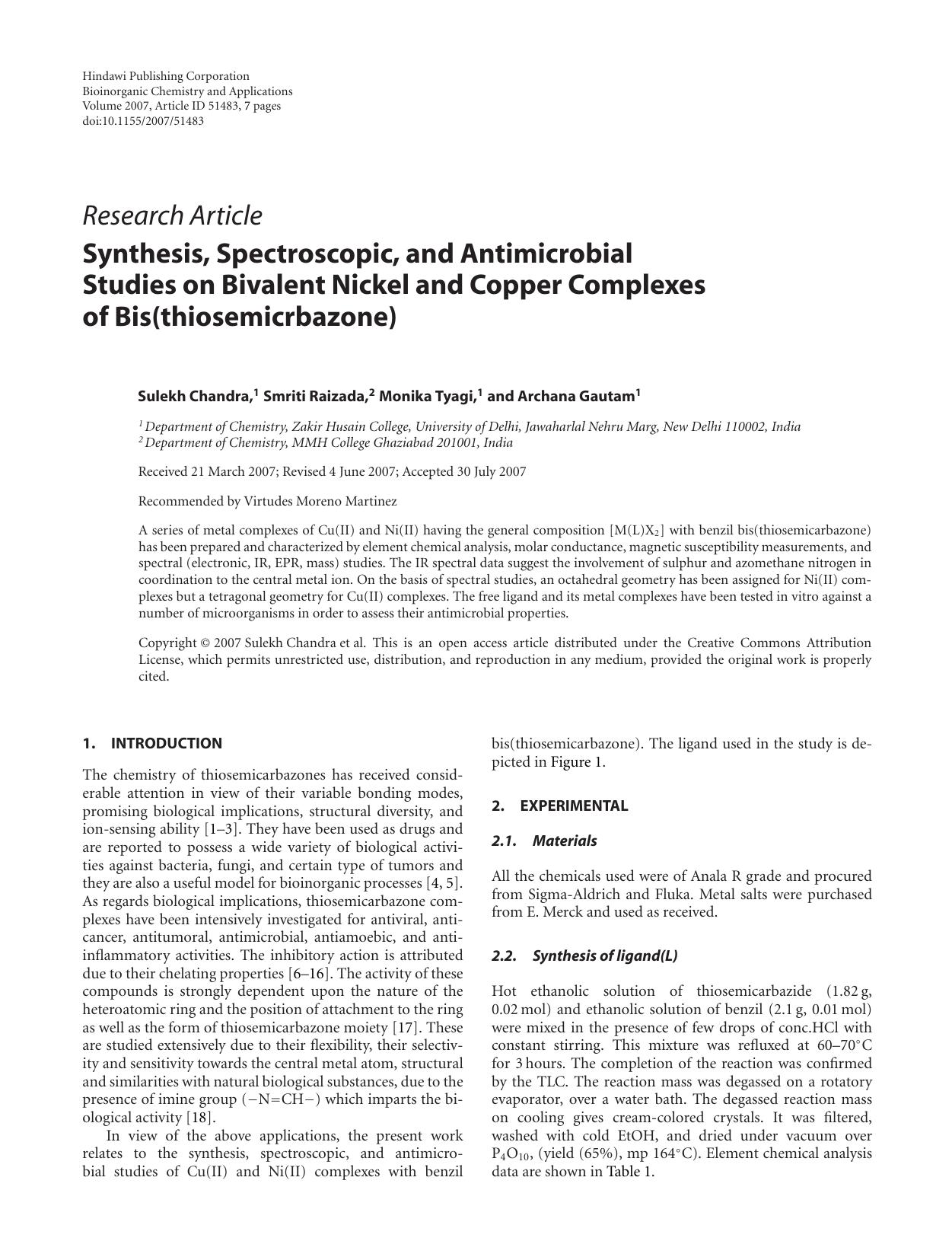 Synthesis, Spectroscopic, and Antimicrobial Studies on Bivalent Nickel and Copper Complexes of Bis(thiosemicrbazone) by Sulekh Chandra et al