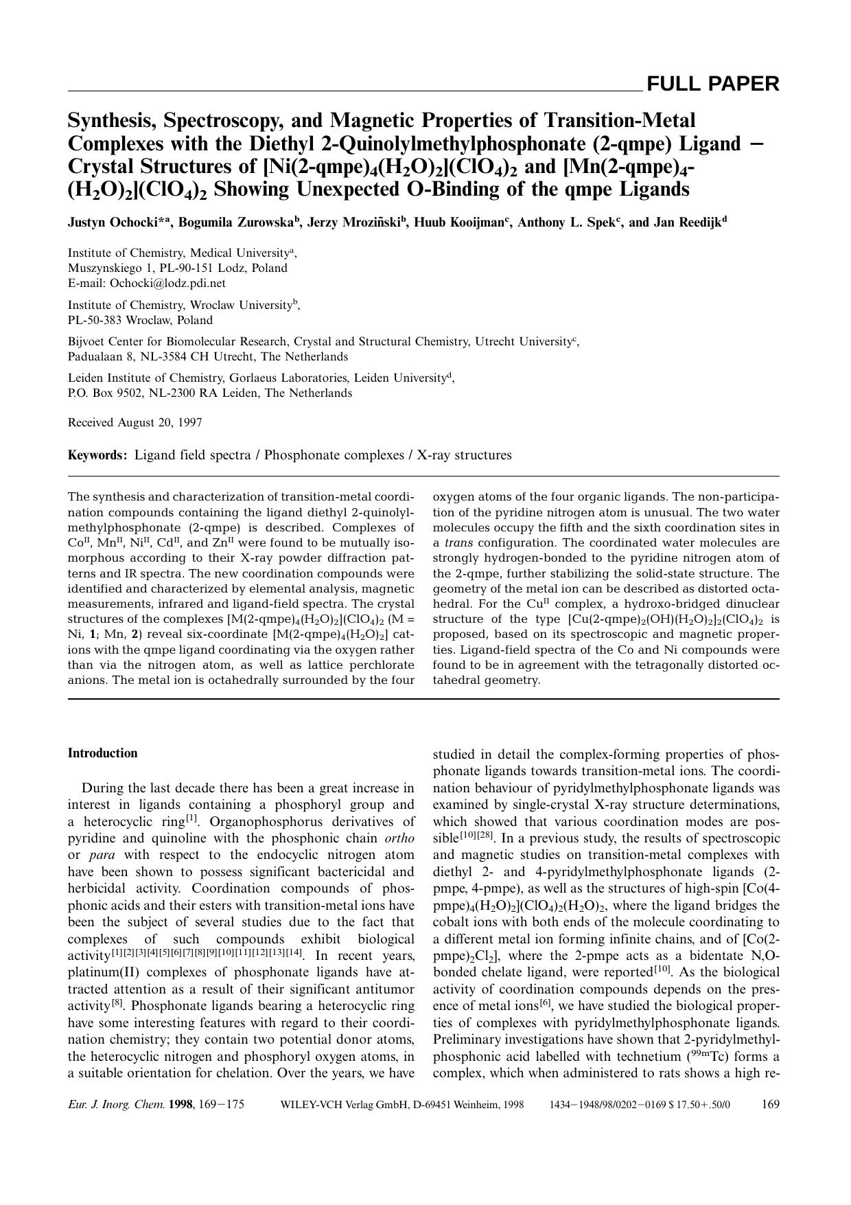 Synthesis, Spectroscopy, and Magnetic Properties of Transition-Metal Complexes with the Diethyl 2-Quinolylmethylphosphonate (2-qmpe) Ligand [minus] Crystal Structures of [Ni(2-qmpe by Unknown
