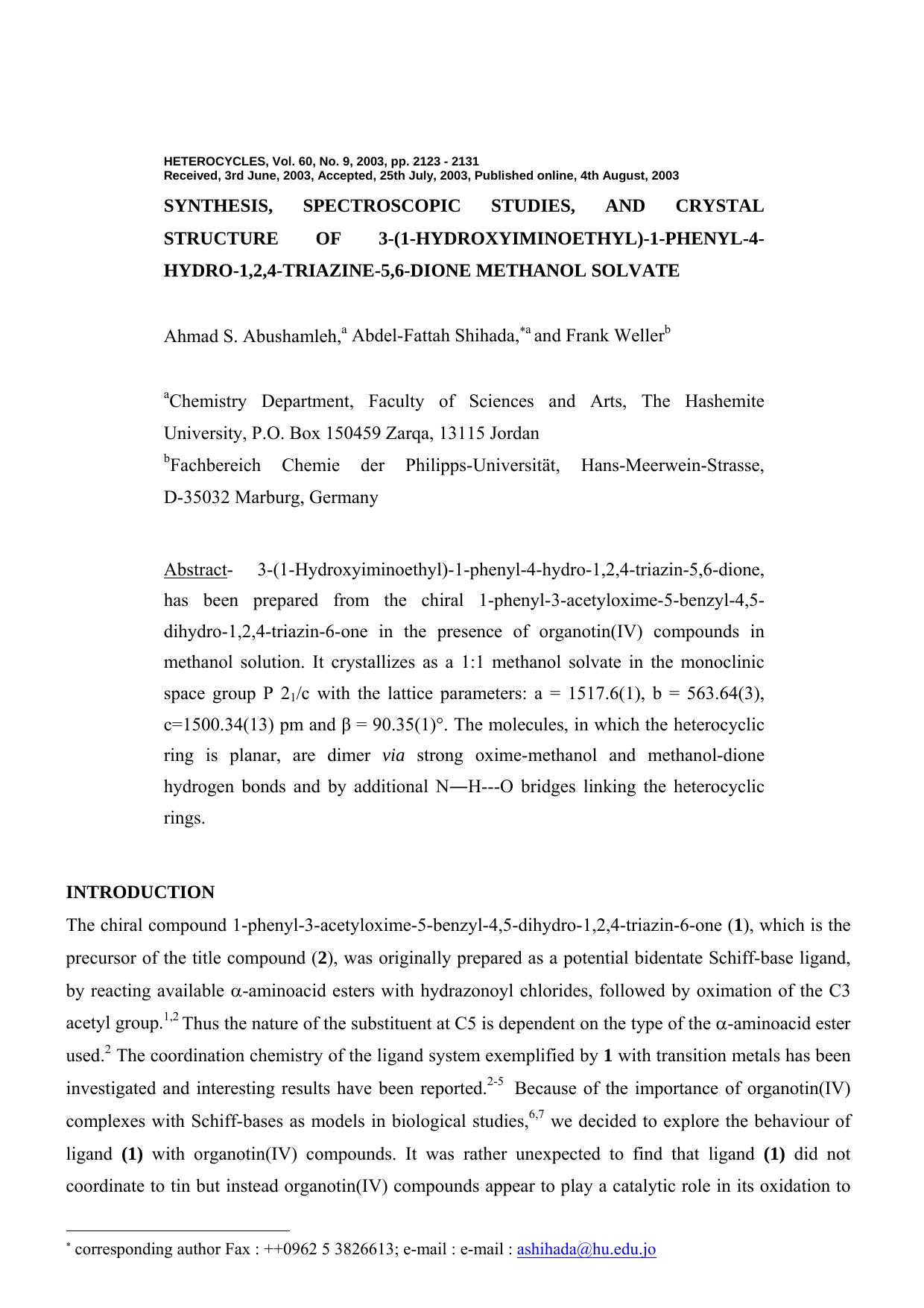Synthesis, Spectroscpic Studies, and Crystal Structure of by maysoon