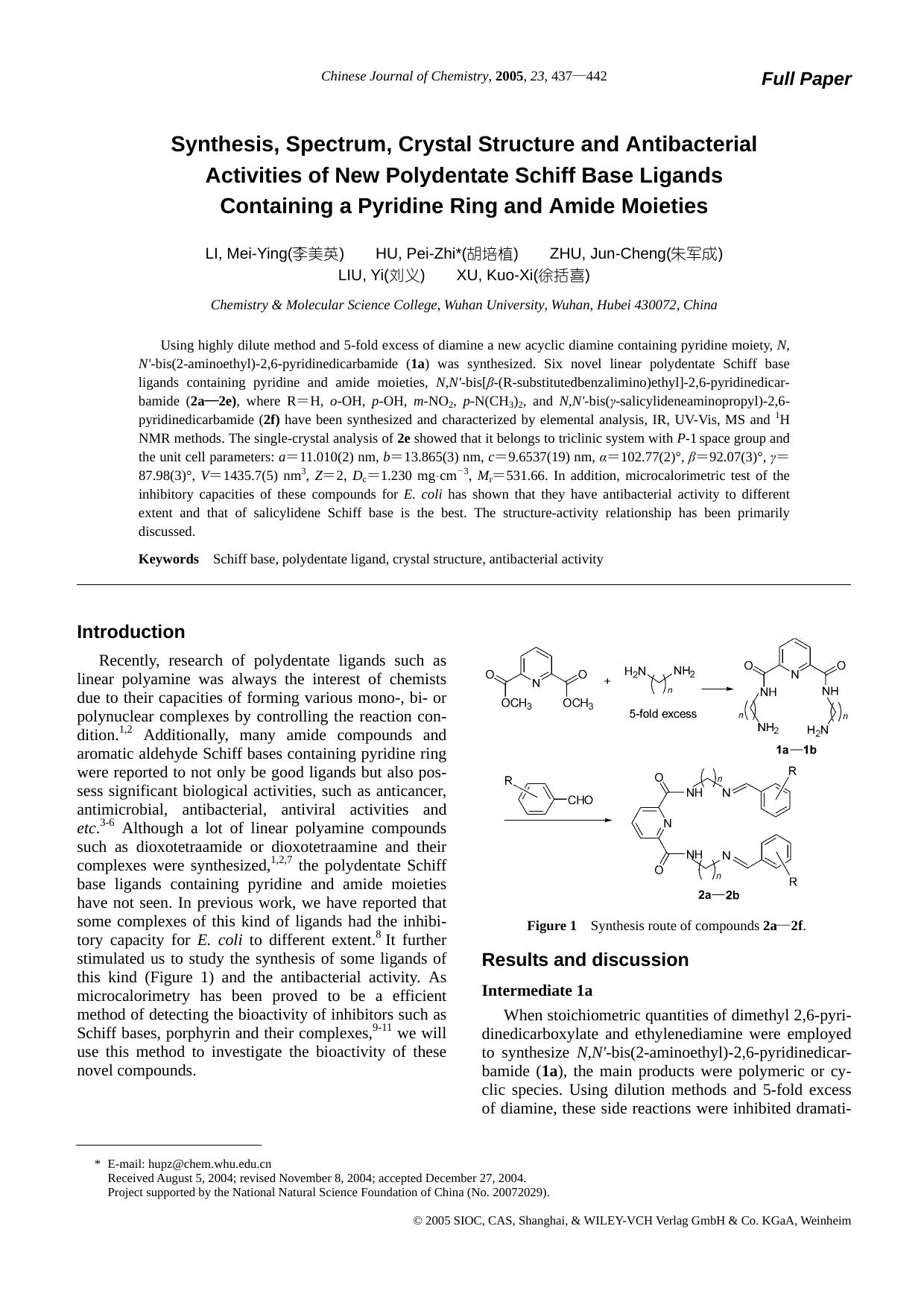 Synthesis, Spectrum, Crystal Structure and Antibacterial Activities of New Polydentate Schiff Base Ligands Containing a Pyridine Ring and Amide Moieties by lingjun