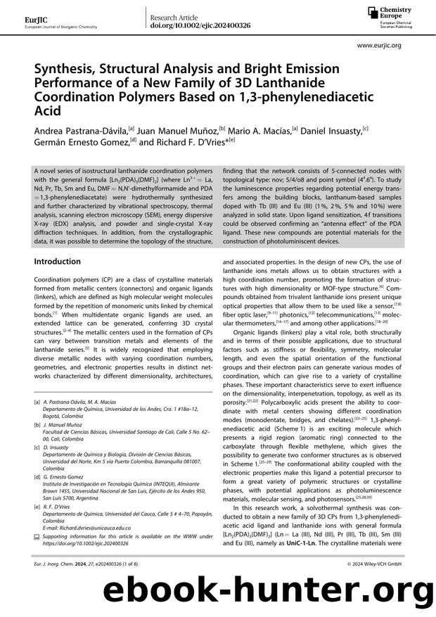 Synthesis, Structural Analysis and Bright Emission Performance of a New Family of 3D Lanthanide Coordination Polymers Based on 1,3âphenylenediacetic Acid by Unknown