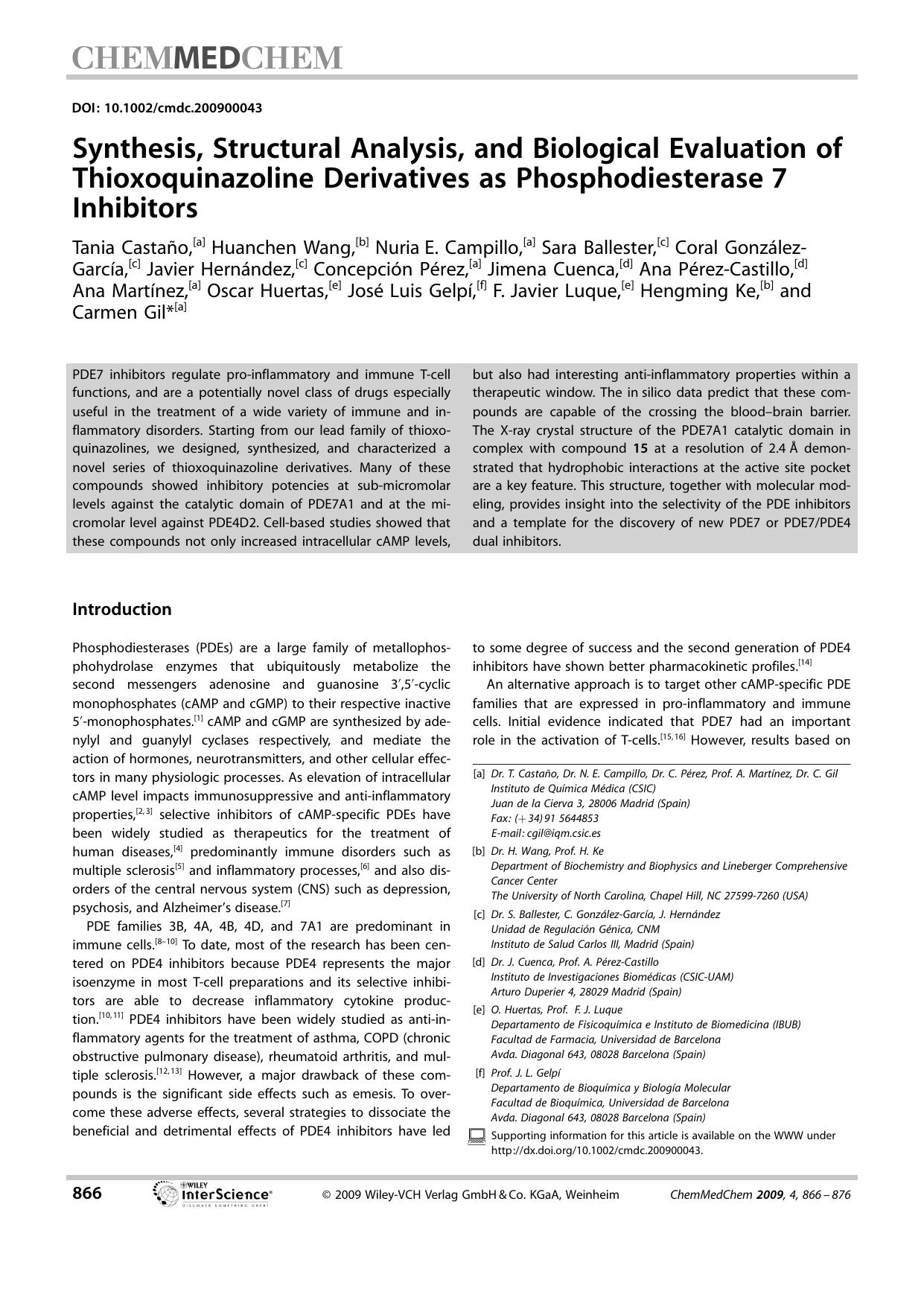 Synthesis, Structural Analysis, and Biological Evaluation of Thioxoquinazoline Derivatives as Phosphodiesterase[emsp14]7 Inhibitors by Unknown