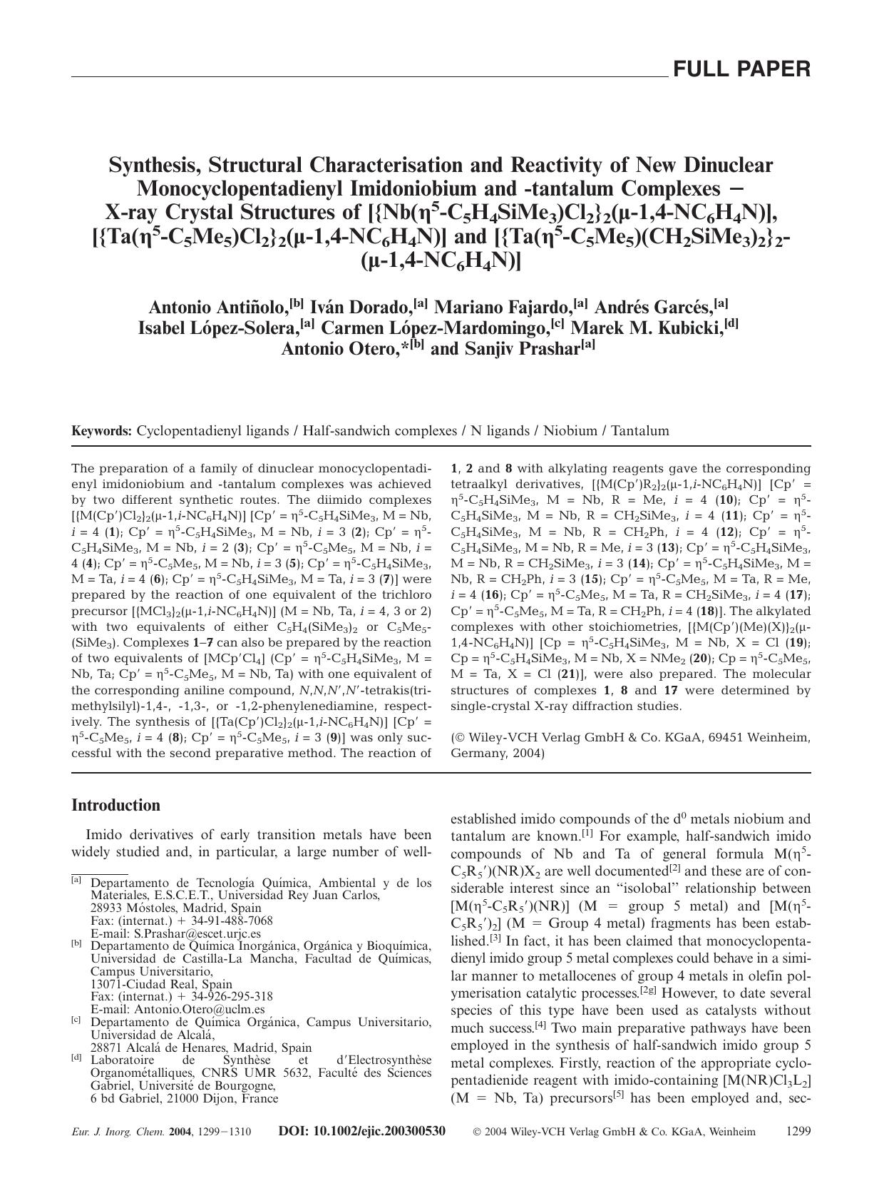 Synthesis, Structural Characterisation and Reactivity of New Dinuclear Monocyclopentadienyl Imidoniobium and -tantalum Complexes - X-ray Crystal Structures of [{Nb([eta]5-C5H4SiMe3 by Unknown