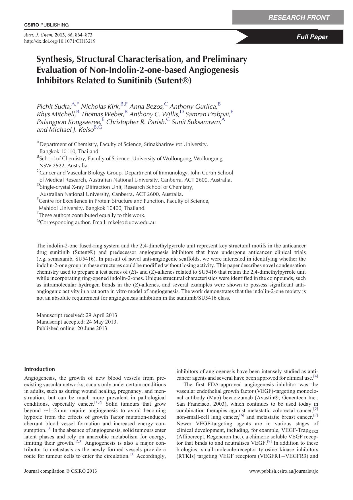 Synthesis, Structural Characterisation, and Preliminary Evaluation of Non-Indolin-2-one-based Angiogenesis Inhibitors Related to Sunitinib (Sutent&reg;) by P. Sudta et al