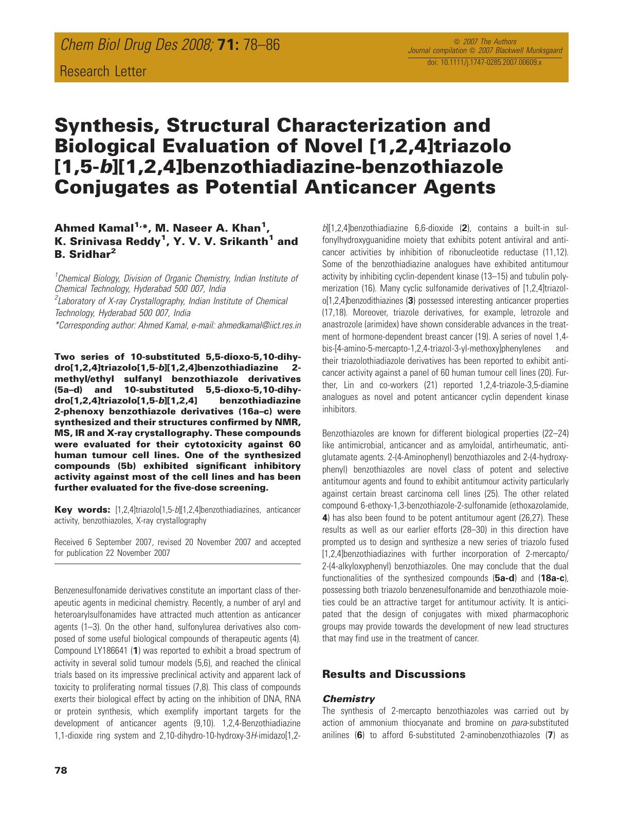 Synthesis, Structural Characterization and Biological Evaluation of Novel [1,2,4]triazolo [1,5-b][1,2,4]benzothiadiazine-benzothiazole Conjugates as Potential Anticancer Agents by unknow
