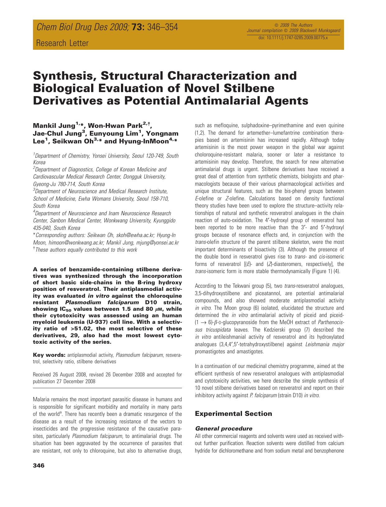 Synthesis, Structural Characterization and Biological Evaluation of Novel Stilbene Derivatives as Potential Antimalarial Agents by unknow
