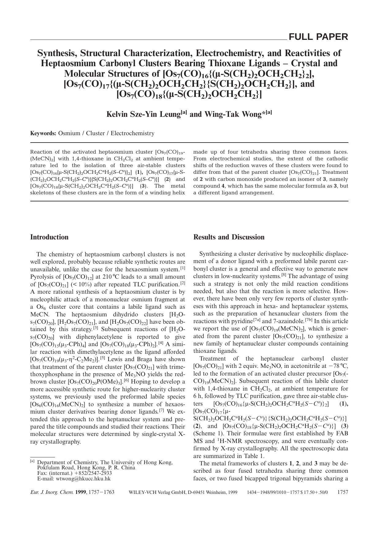 Synthesis, Structural Characterization, Electrochemistry, and Reactivities of Heptaosmium Carbonyl Clusters Bearing Thioxane Ligands - Crystal and Molecular Structures of [Os7(CO)1 by Unknown