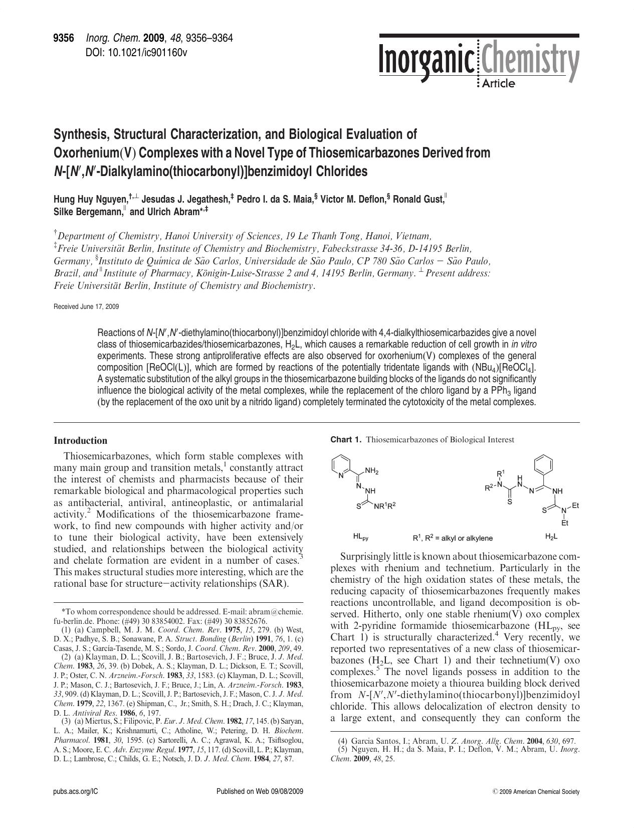 Synthesis, Structural Characterization, and Biological Evaluation of Oxorhenium(V) Complexes with a Novel Type of Thiosemicarbazones Derived from N-[Nâ²,Nâ²-Dialkylamino(thiocarb by unknow