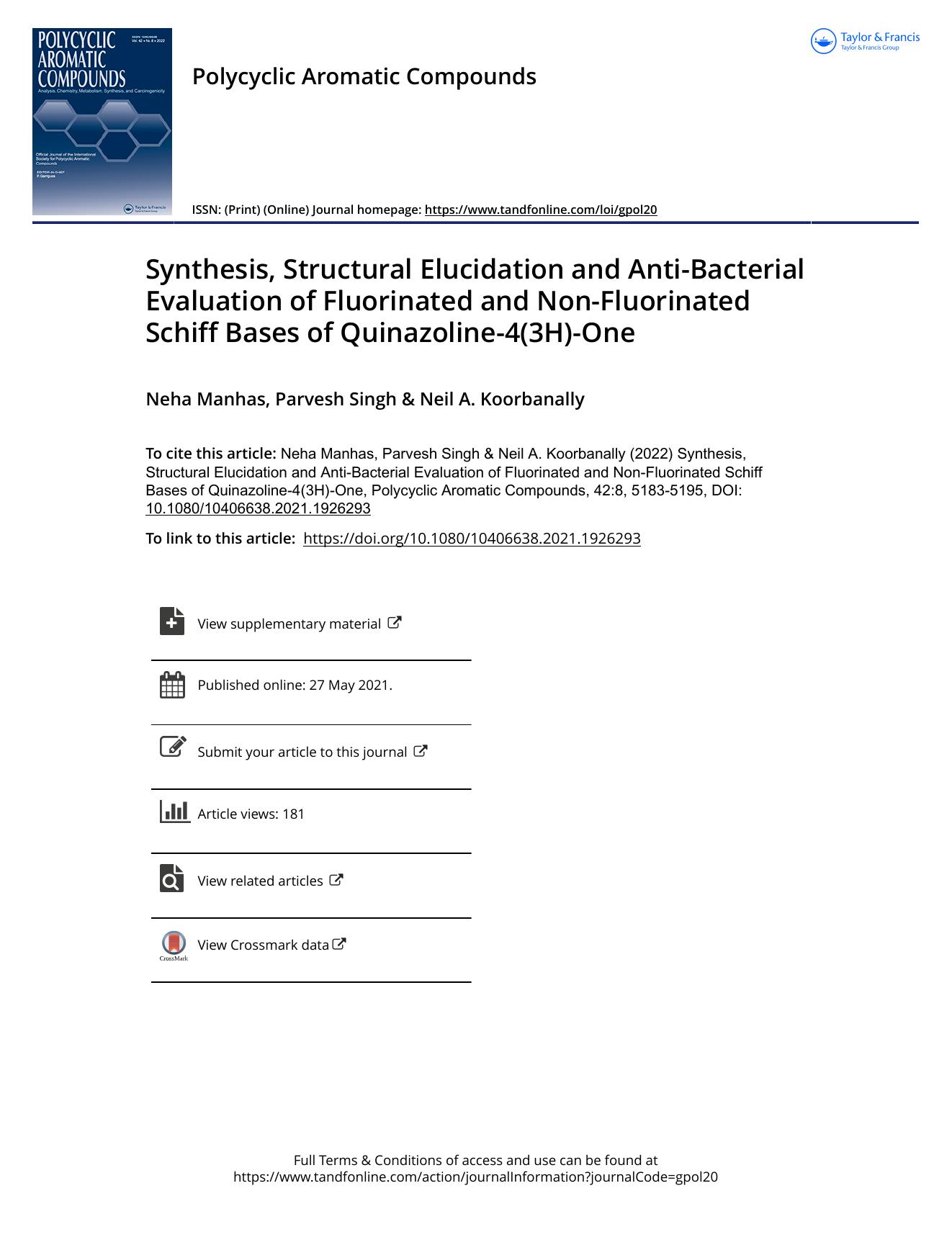 Synthesis, Structural Elucidation and Anti-Bacterial Evaluation of Fluorinated and Non-Fluorinated Schiff Bases of Quinazoline-4(3H)-One by Manhas Neha & Singh Parvesh & Koorbanally Neil A