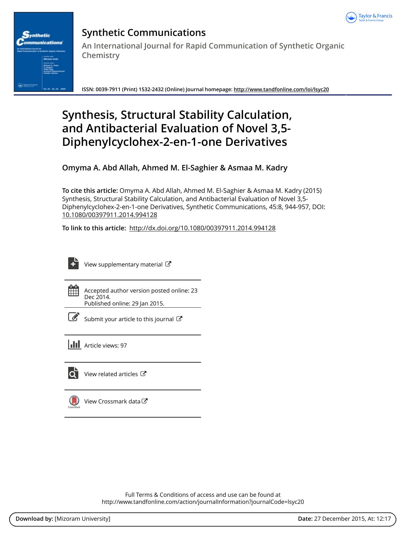Synthesis, Structural Stability Calculation, and Antibacterial Evaluation of Novel 3,5-Diphenylcyclohex-2-en-1-one Derivatives by Omyma A. Abd Allah