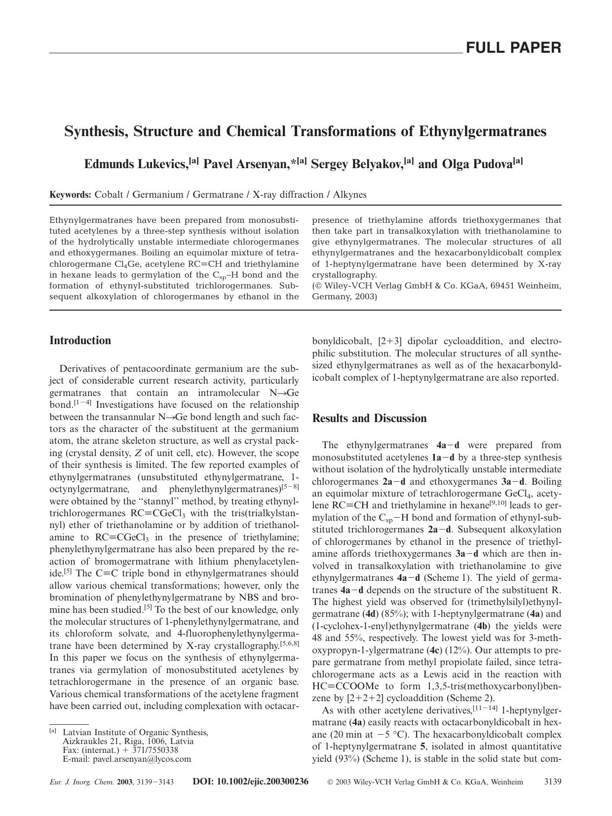 Synthesis, Structure and Chemical Transformations of Ethynylgermatranes by Unknown