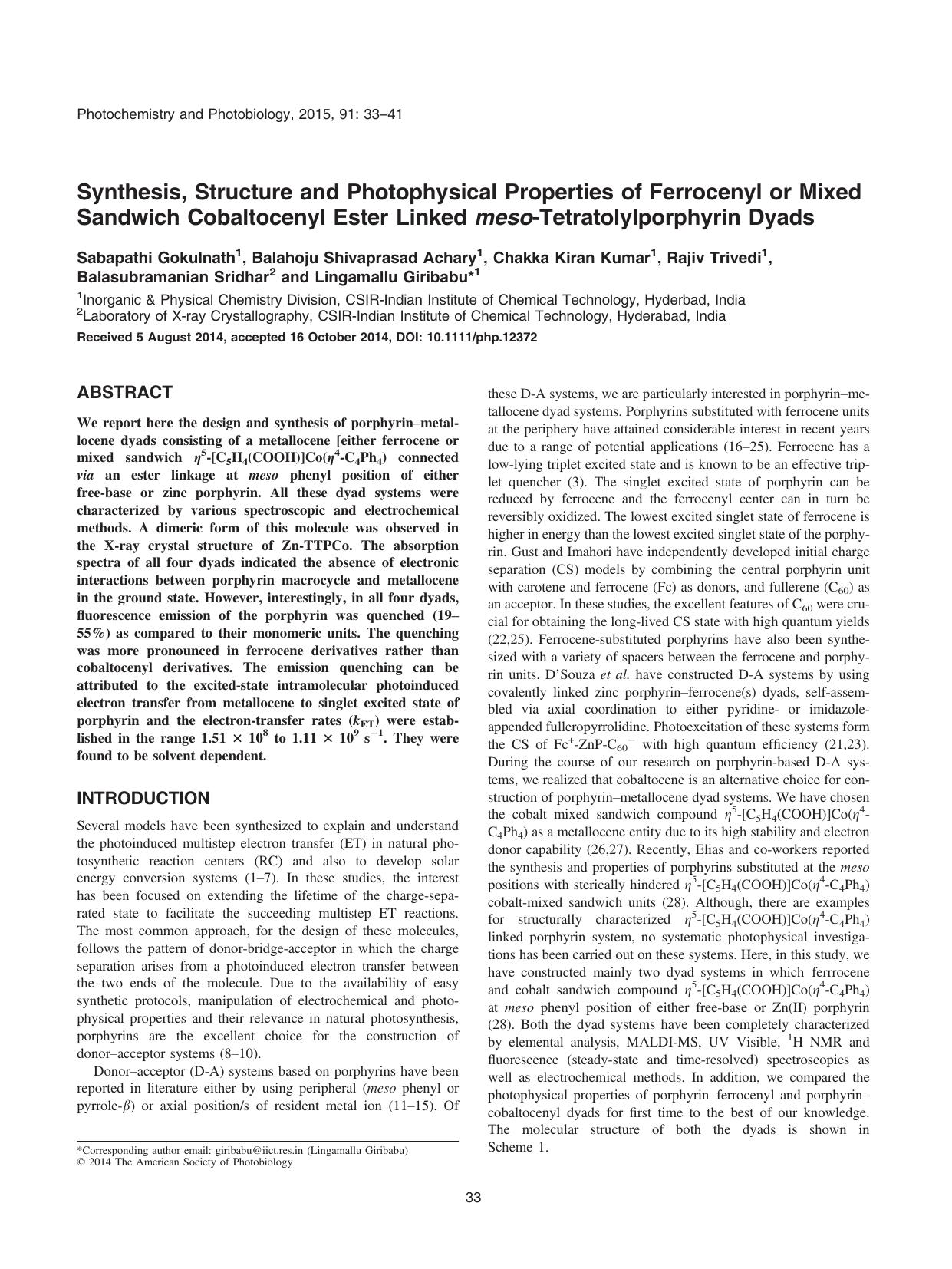 Synthesis, Structure and Photophysical Properties of Ferrocenyl or Mixed Sandwich Cobaltocenyl Ester Linked meso&#x2010;Tetratolylporphyrin Dyads by Unknown