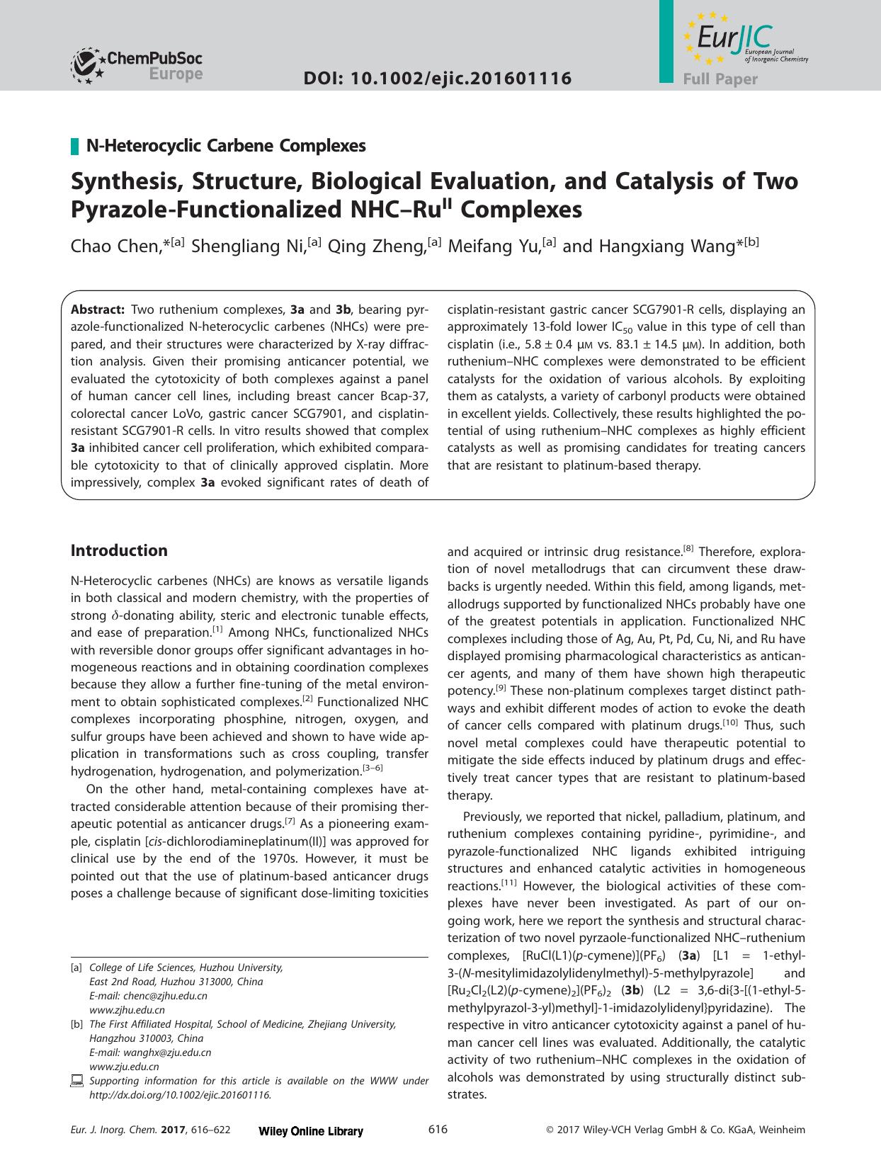 Synthesis, Structure, Biological Evaluation, and Catalysis of Two Pyrazole‐Functionalized NHC–Ru<sup>II<sup> Complexes by Unknown