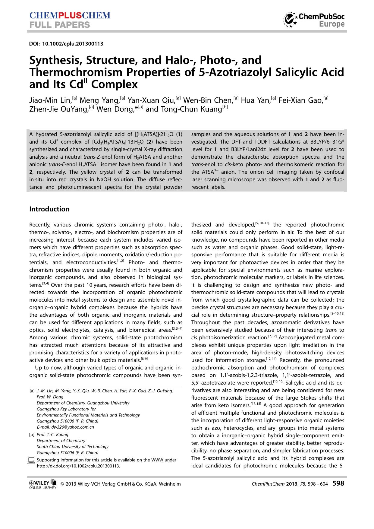 Synthesis, Structure, and Halo, Photo, and Thermochromism Properties of 5Azotriazolyl Salicylic Acid and Its CdII Complex by Unknown