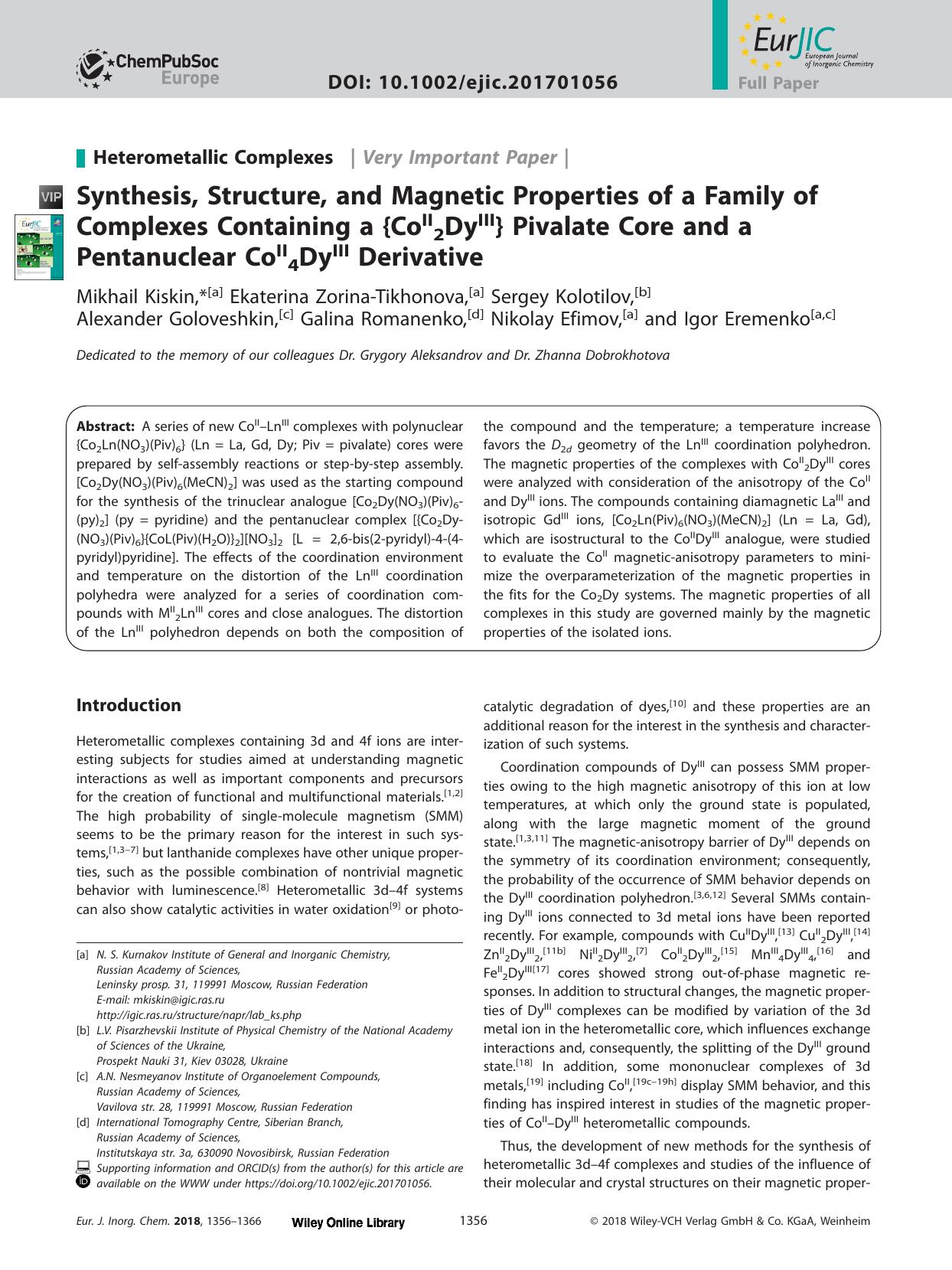 Synthesis, Structure, and Magnetic Properties of a Family of Complexes Containing a {CoII2DyIII} Pivalate Core and a Pentanuclear CoII4DyIII Derivative by Unknown
