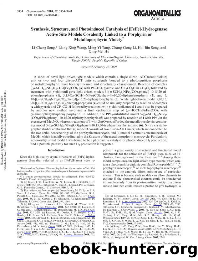 Synthesis, Structure, and Photoinduced Catalysis of [FeFe]-Hydrogenase Active Site Models Covalently Linked to a Porphyrin or Metalloporphyrin Moietyâ  by Li-Cheng Song* Liang-Xing Wang Ming-Yi Tang Chang-Gong Li Hai-Bin Song & Qing-Mei Hu
