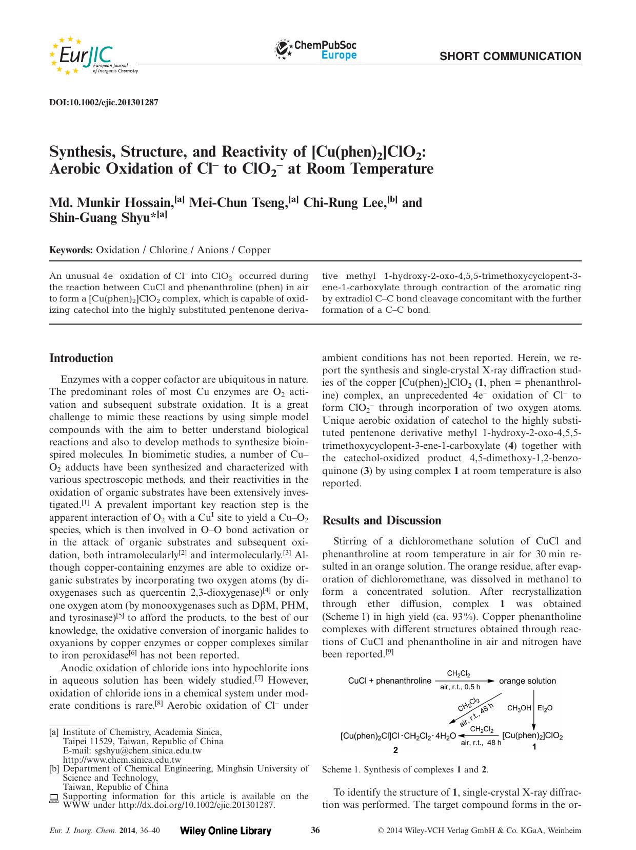 Synthesis, Structure, and Reactivity of [Cu(phen)2]ClO2: Aerobic Oxidation of Cl to ClO2 at Room Temperature by Unknown