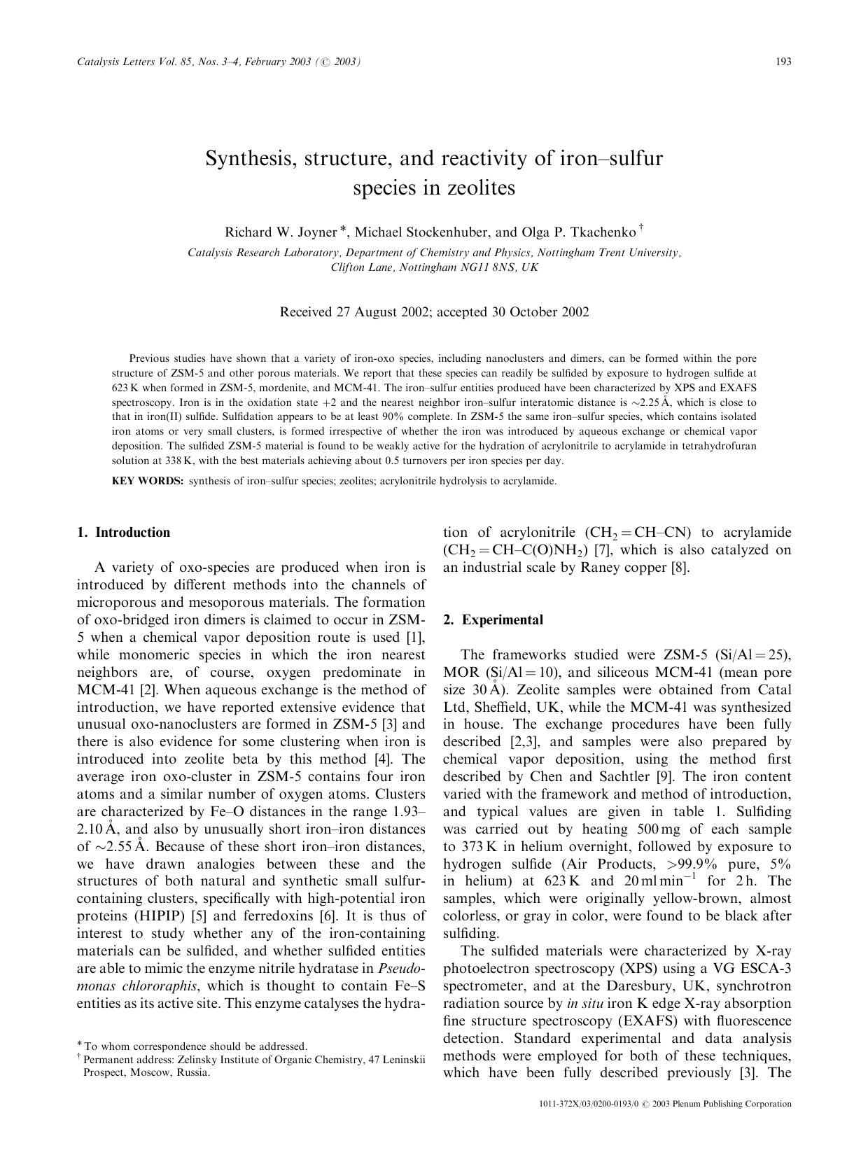 Synthesis, Structure, and Reactivity of Iron-Sulfur Species in Zeolites by Unknown