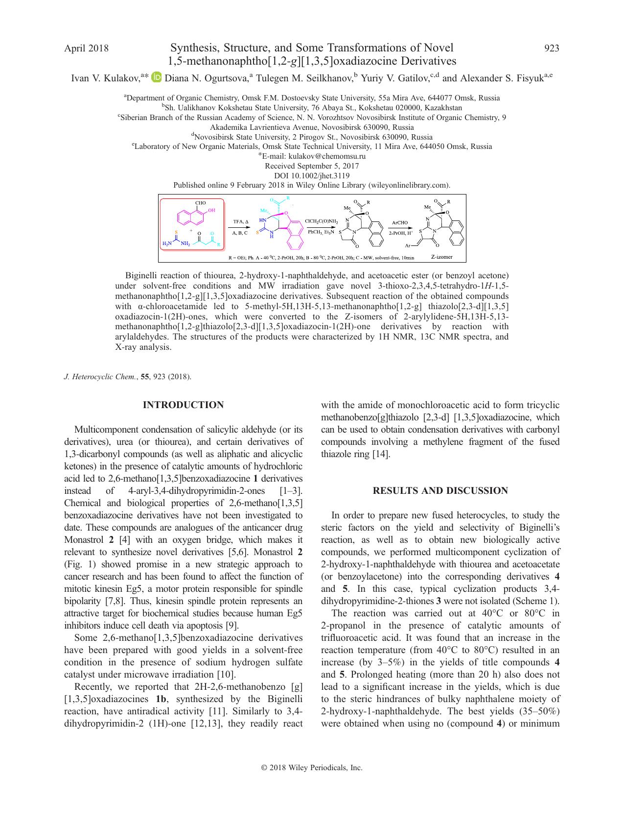 Synthesis, Structure, and Some Transformations of Novel 1,5-methanonaphtho[1,2-g][1,3,5]oxadiazocine Derivatives by Ivan V. Kulakov Diana N. Ogurtsova Tulegen M. Seilkhanov Yuriy V. Gatilov Alexander S. Fisyuk