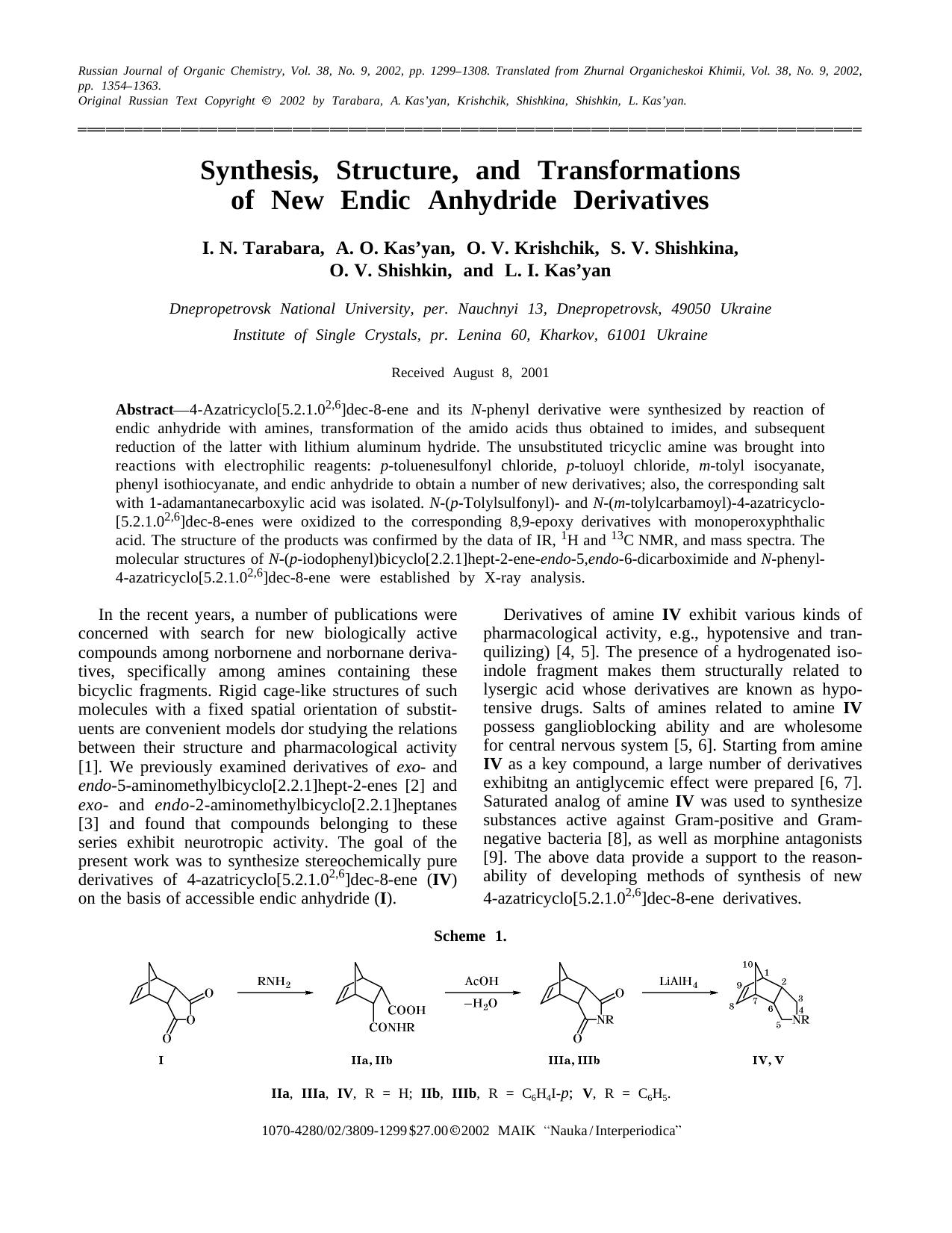 Synthesis, Structure, and Transformations of New Endic Anhydride Derivatives by Unknown