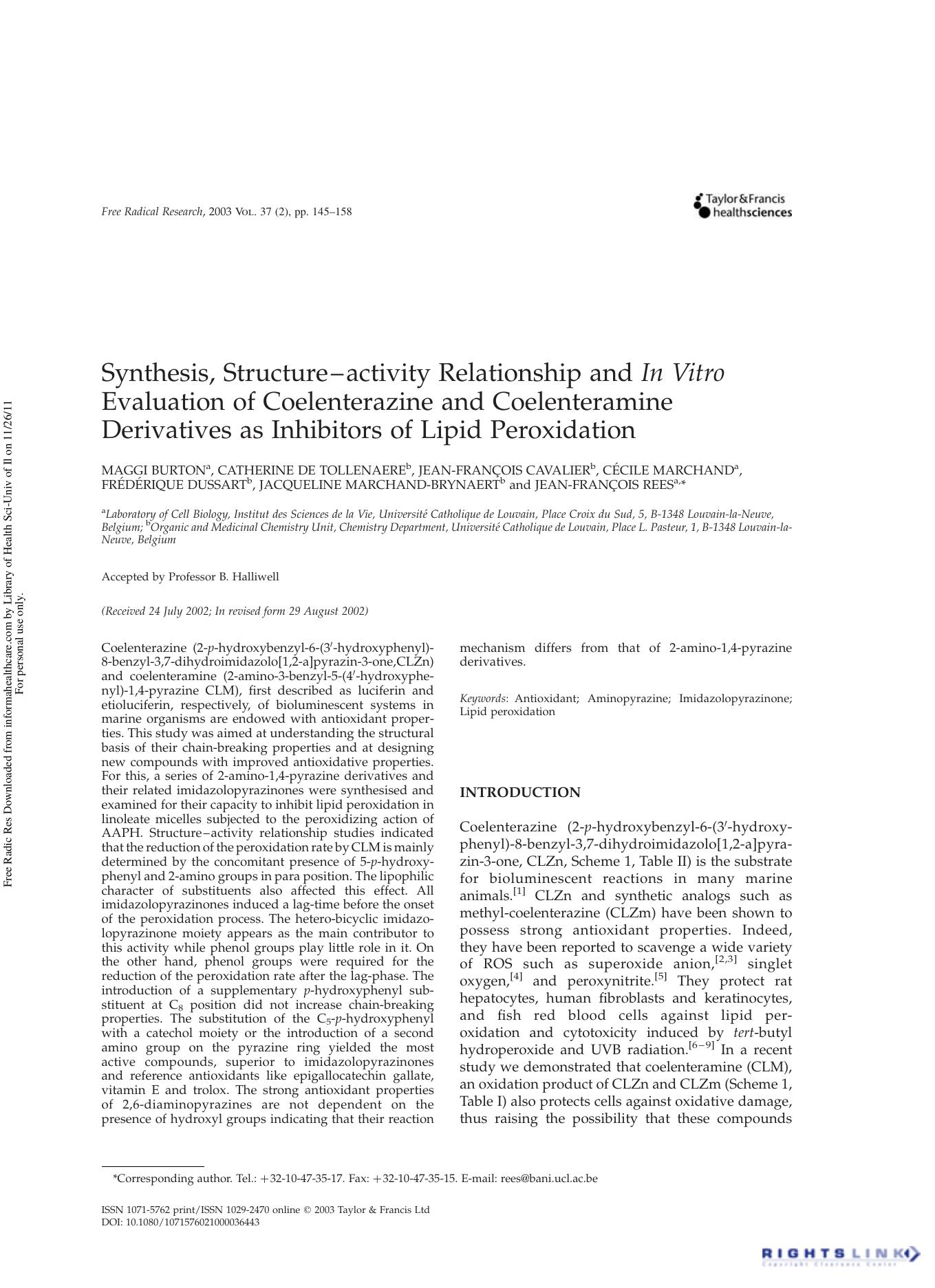 Synthesis, Structure-activity Relationship and In Vitro Evaluation of Coelenterazine and Coelenteramine Derivatives as Inhibitors of Lipid Peroxidation by unknow