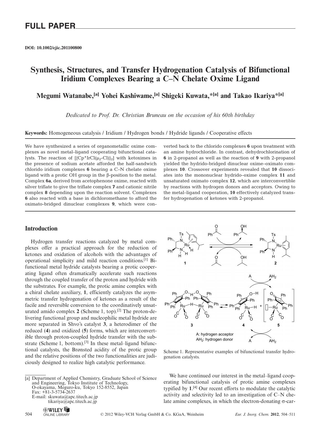 Synthesis, Structures, and Transfer Hydrogenation Catalysis of Bifunctional Iridium Complexes Bearing a CN Chelate Oxime Ligand by Unknown