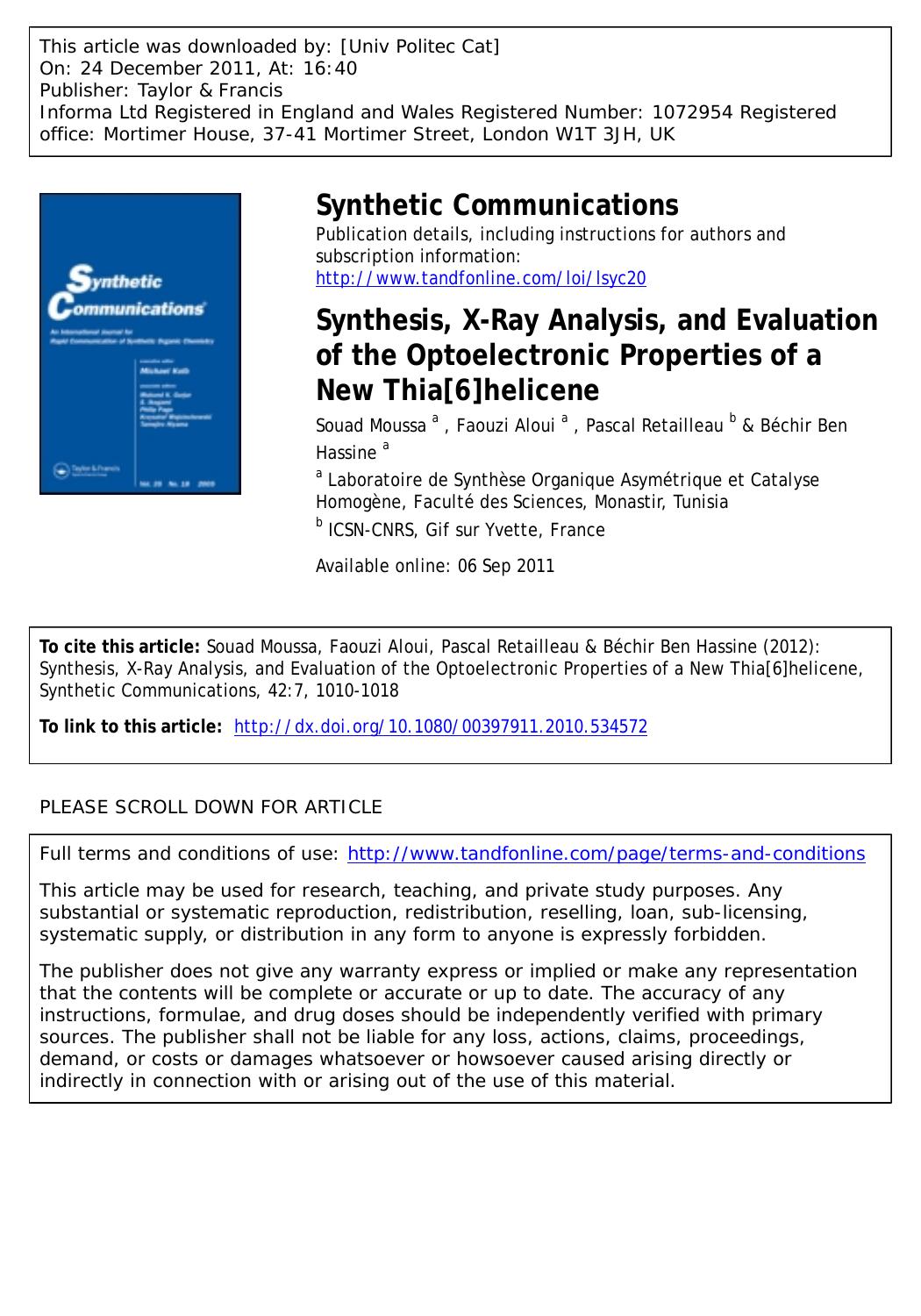 Synthesis, X-Ray Analysis, and Evaluation of the Optoelectronic Properties of a New Thia[6]helicene by unknow