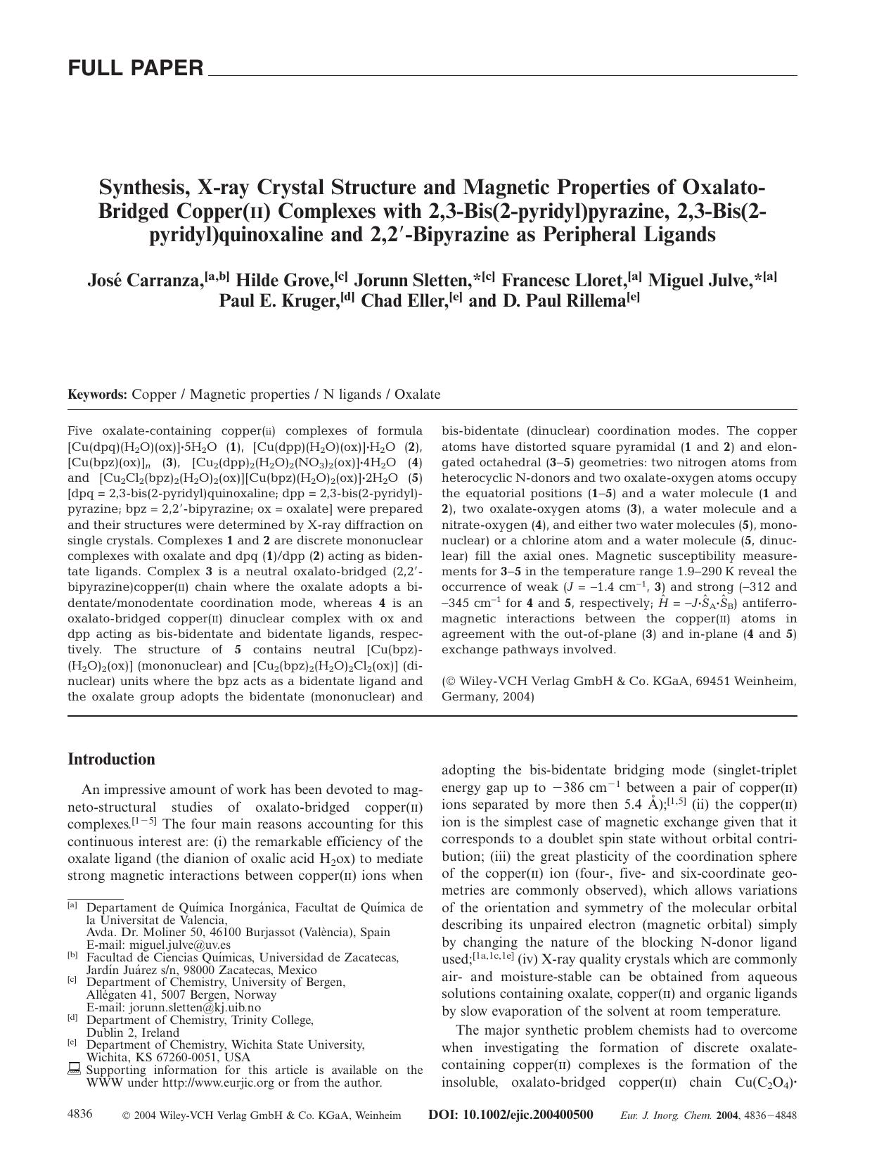 Synthesis, X-ray Crystal Structure and Magnetic Properties of Oxalato-Bridged Copper(II) Complexes with 2,3-Bis(2-pyridyl)pyrazine, 2,3-Bis(2-pyridyl)quinoxaline and 2,2[prime]-Bip by Unknown