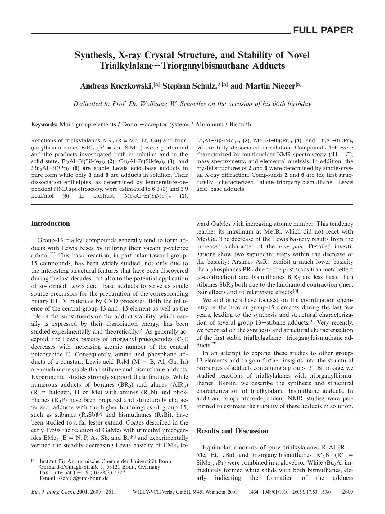 Synthesis, X-ray Crystal Structure, and Stability of Novel Trialkylalane-Triorganylbismuthane Adducts by Unknown