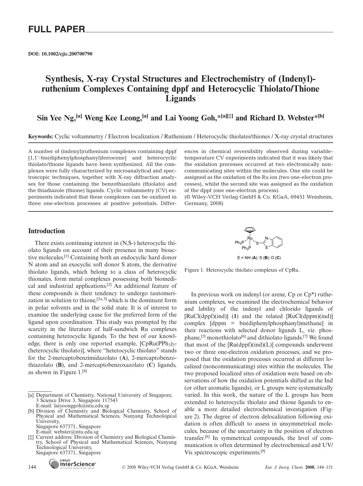 Synthesis, X-ray Crystal Structures and Electrochemistry of (Indenyl)ruthenium Complexes Containing dppf and Heterocyclic ThiolatoThione Ligands by Unknown
