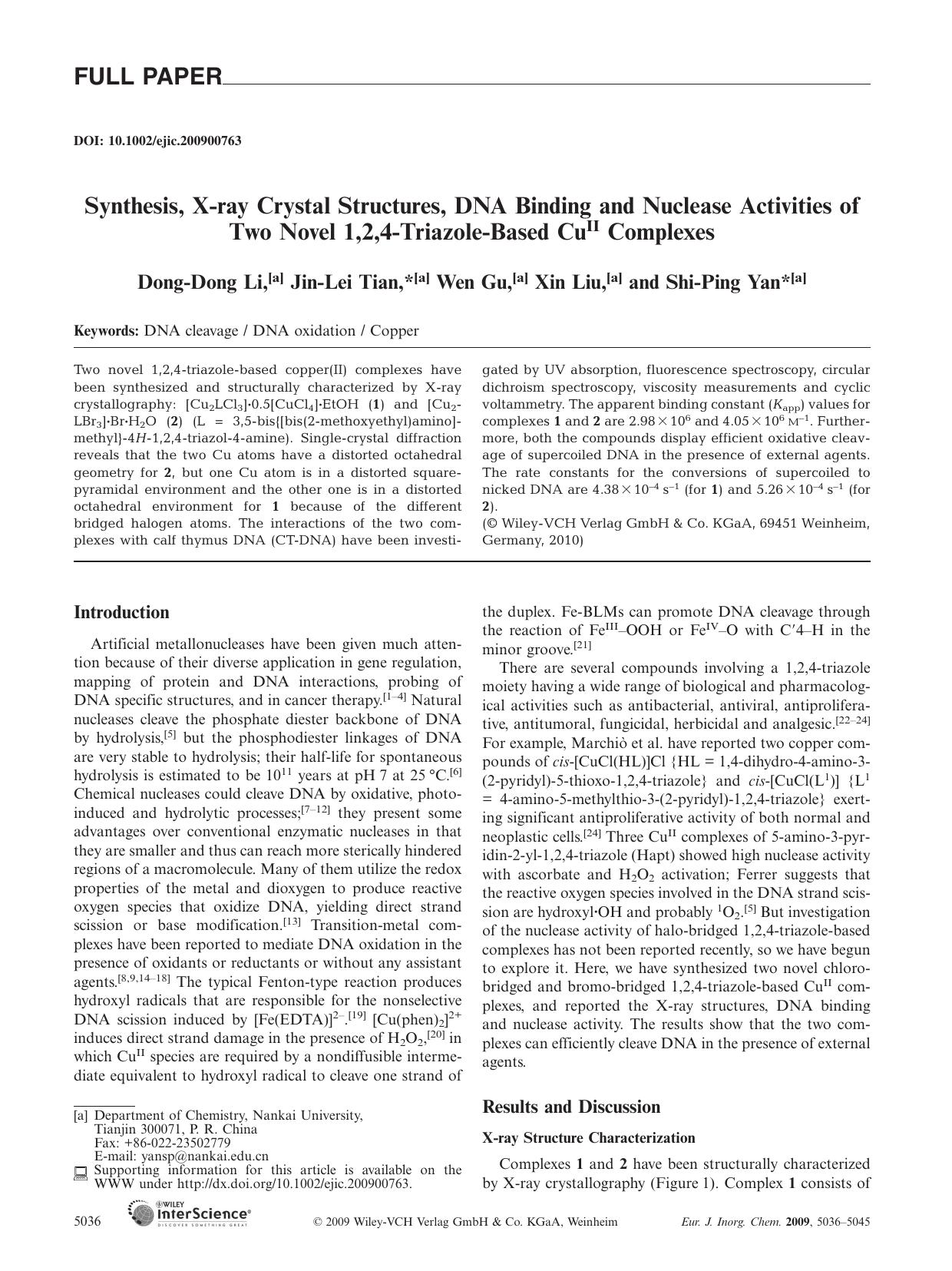 Synthesis, X-ray Crystal Structures, DNA Binding and Nuclease Activities of Two Novel 1,2,4-Triazole-Based CuII Complexes by Unknown