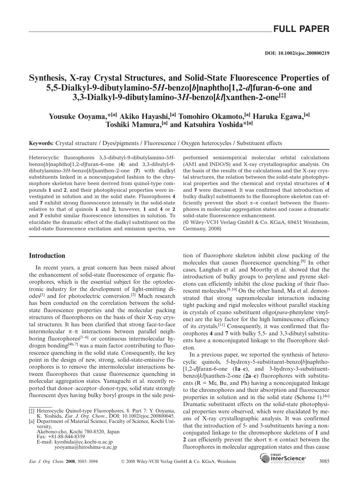 Synthesis, X-ray Crystal Structures, and Solid-State Fluorescence Properties of 5,5-Dialkyl-9-dibutylamino-5H-benzo[b]naphtho[1,2-d]furan-6-one and 3,3-Dialkyl-9-dibutylamino-3H-benzo[kl]xanthen-2-one by Unknown