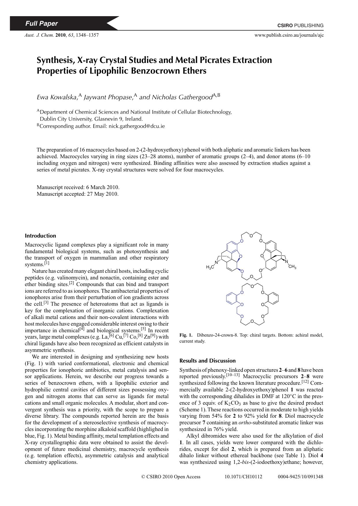 Synthesis, X-ray Crystal Studies and Metal Picrates Extraction Properties of Lipophilic Benzocrown Ethers by Ewa Kowalska & Jaywant Phopase and Nicholas Gathergood