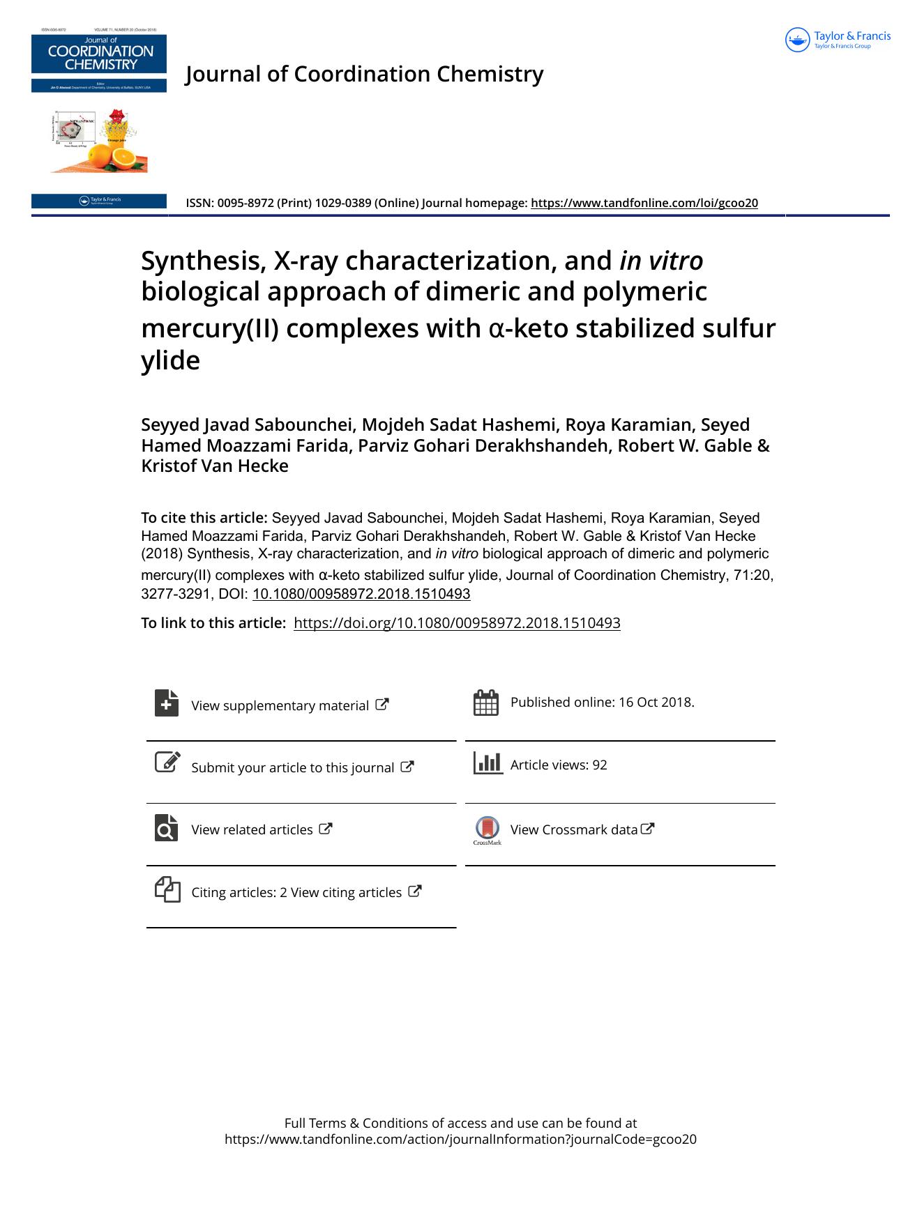 Synthesis, X-ray characterization, and in vitro biological approach of dimeric and polymeric mercury(II) complexes with Î±-keto stabilized sulfur ylide by unknow
