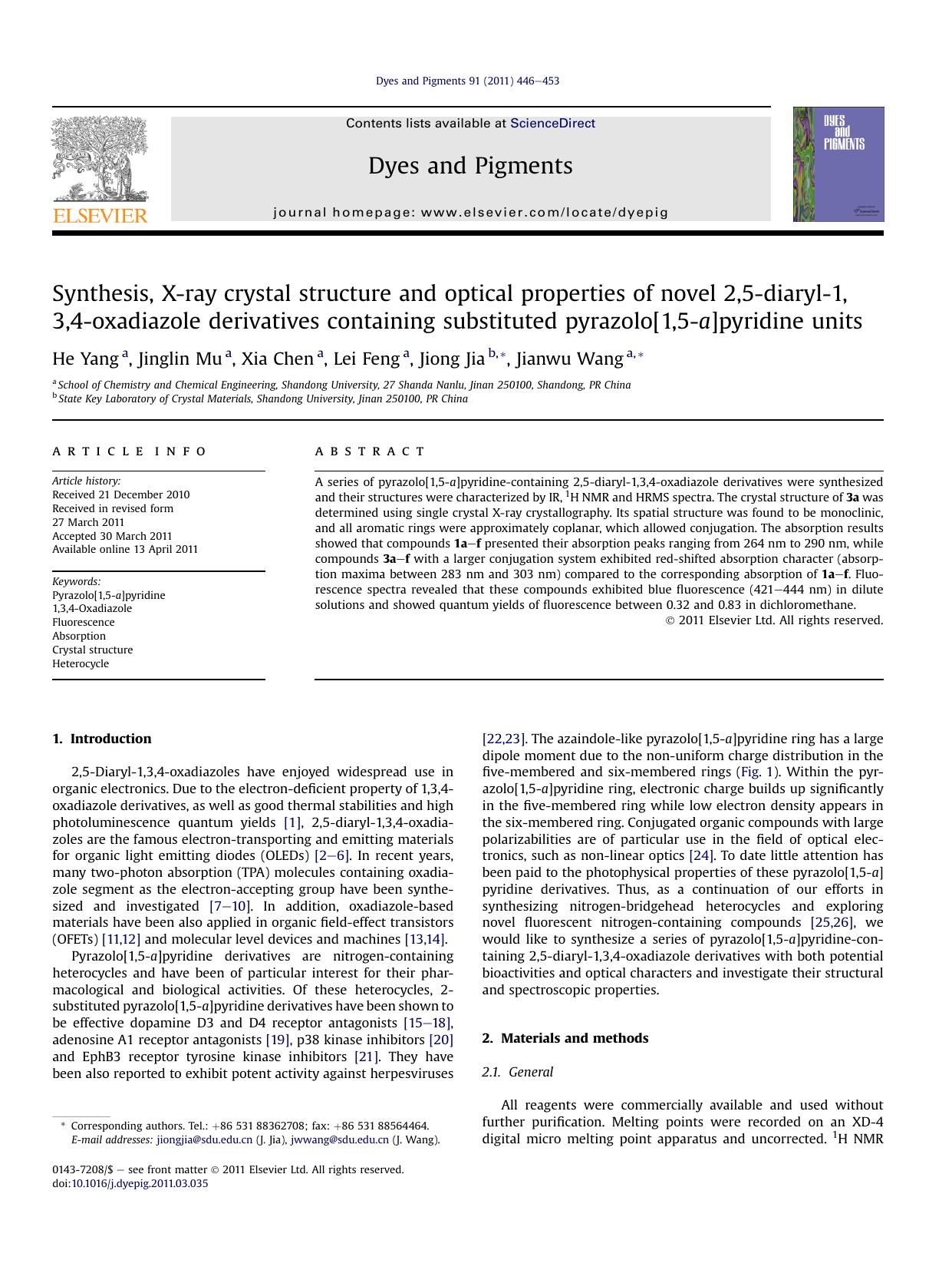 Synthesis, X-ray crystal structure and optical properties of novel 2,5-diaryl-1,3,4-oxadiazole derivatives containing substituted pyrazolo[1,5-a]pyridine units by He Yang & Jinglin Mu & Xia Chen & Lei Feng & Jiong Jia & Jianwu Wang