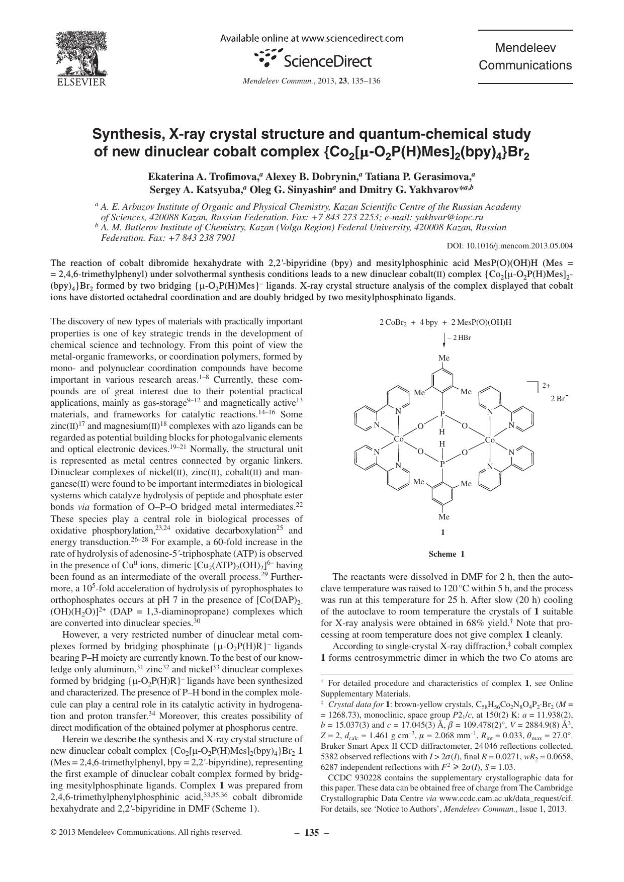 Synthesis, X-ray crystal structure and quantum-chemical study of new dinuclear cobalt complex {Co2[mmm-O2P(H)Mes]2(bpy)4}Br2 by unknow