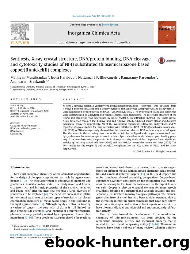 Synthesis, X-ray crystal structure, DNAprotein binding, DNA cleavage and cytotoxicity studies of N(4) substituted thiosemicarbazone based copper(II)nickel(II) complexes by unknow