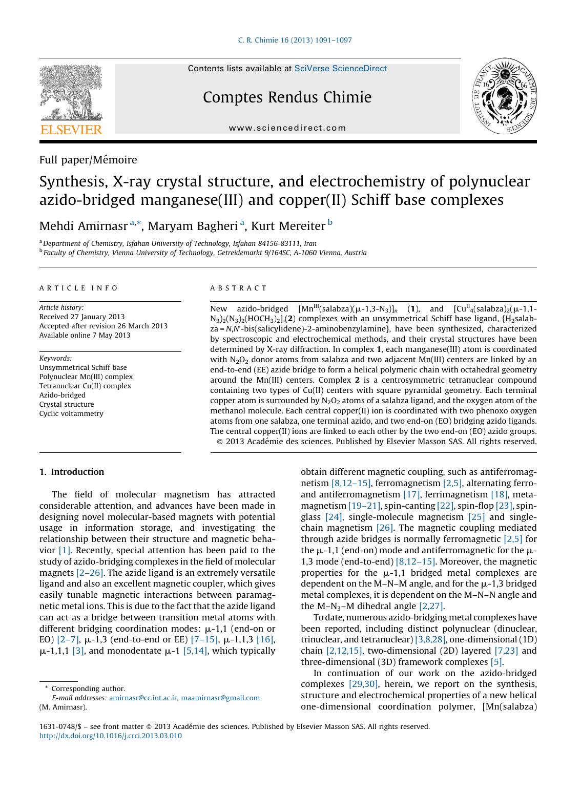 Synthesis, X-ray crystal structure, and electrochemistry of polynuclear azido-bridged manganese(III) and copper(II) Schiff base complexes by Mehdi Amirnasr