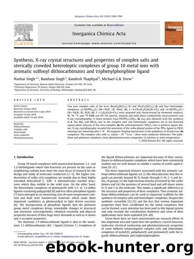 Synthesis, X-ray crystal structures and properties of complex salts and sterically crowded heteroleptic complexes of group 10 metal ions with aromatic sulfonyl dithiocarbimates and by Nanhai Singh & Bandana Singh & Kamlesh Thapliyal & Michael G.B. Drew