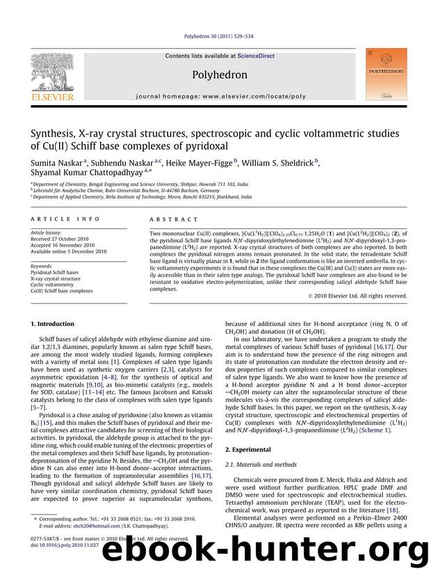 Synthesis, X-ray crystal structures, spectroscopic and cyclic voltammetric studies of Cu(II) Schiff base complexes of pyridoxal by unknow