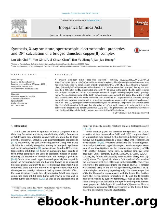 Synthesis, X-ray structure, spectroscopic, electrochemical properties and DFT calculation of a bridged dinuclear copper(II) complex by Lan-Qin Chai & Yao-Xin Li & Li-Chuan Chen & Jian-Yu Zhang & Jiao-Jiao Huang