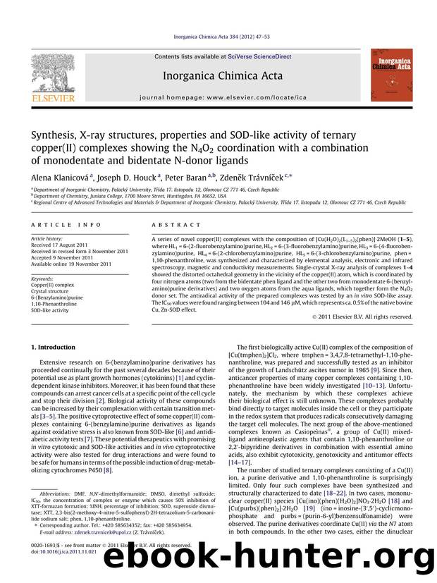 Synthesis, X-ray structures, properties and SOD-like activity of ternary copper(II) complexes showing the N4O2 coordination with a combination of monodentate and bidentate N-donor ligands by Alena KlanicovÃ¡ & Joseph D. Houck & Peter Baran & Zdeněk Trávníček